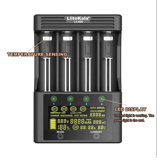 Заряднoe устройство Liitokala Lii-600 на 4 канала (для Ni-MH, Ni-CD, Li-Ion) с блоком питания и автоадаптером - фото 7