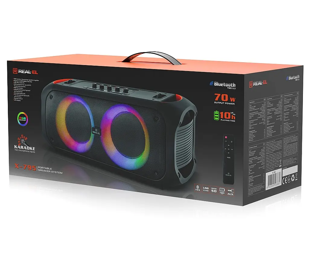 Портативная колонка REAL-EL X795 Boombox 70W Bluetooth, Echo Karaoke, TWS, RGB, Black - фото 13