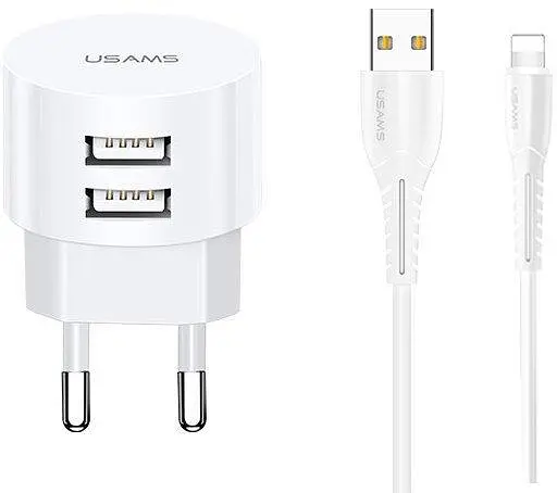 Мережевий зарядний пристрій Usams T20 double USB 2.1A with Lightning cable Білий
