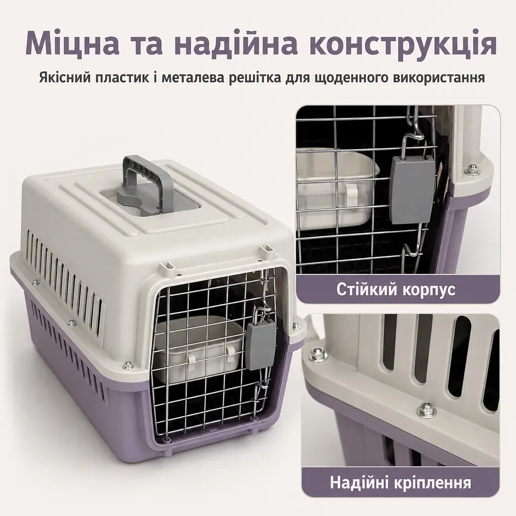 Переноска для котів і собак до 12 кг 48×32×30 - вентильована з комплектом (підвісна миска та пластикова підлога) KT8002003 - фото 5