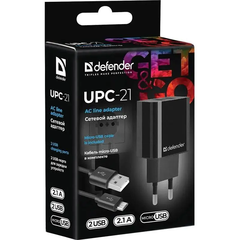 Зарядний пристрій 2xUSB 12W 2.1A UPC-21 +кабель microUSB, чорний Defender (83581) - фото 10