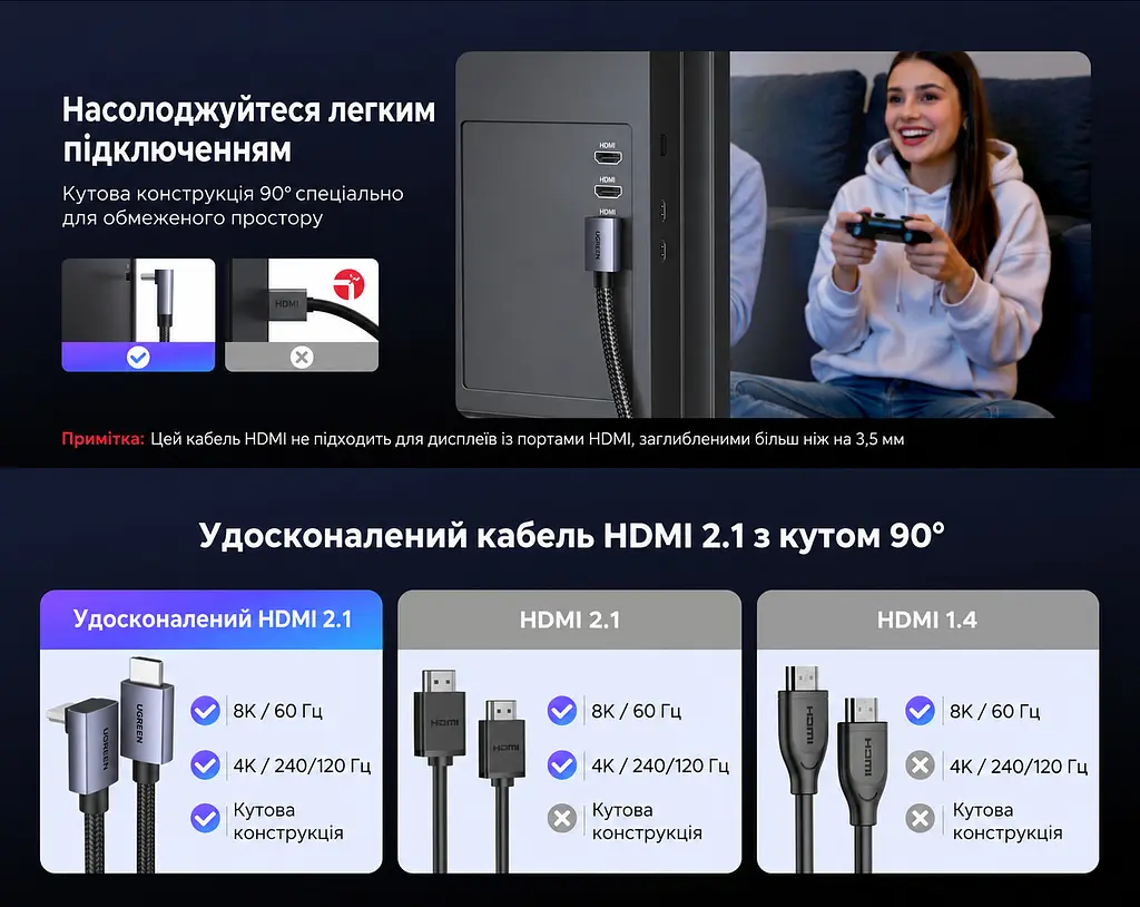 Кабель HDMI UGREEN HD188 2.1 кутовий 90° 8K 60 Гц 1 м чорний (95826) - фото 13