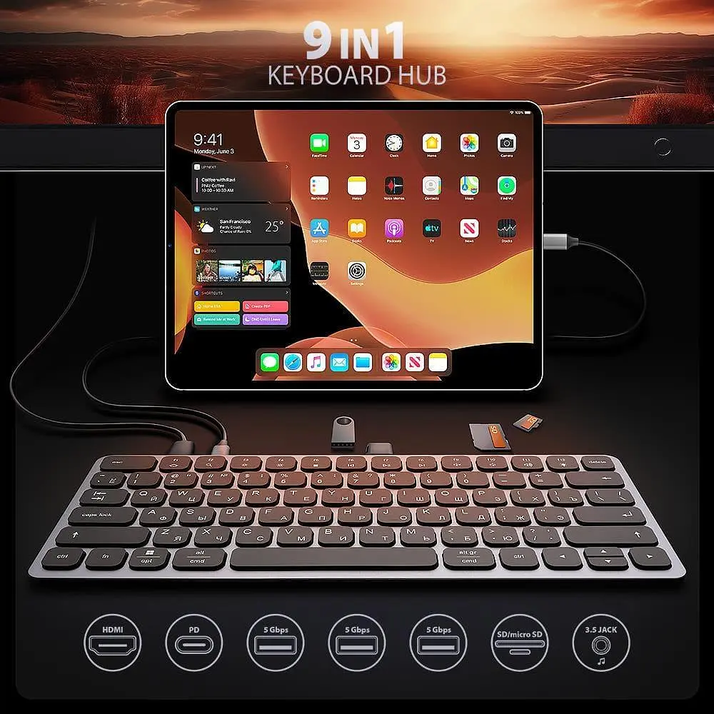Клавіатура AXAGON HMC-KB USB-C 9 in 1 HUB EN/UA Grey Black (HMC-KB-CRL) - фото 3