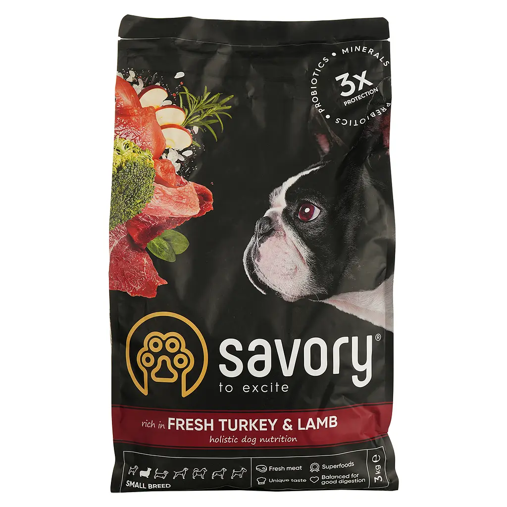 Сухой корм для собак малых пород Savory Small Breed rich in Fresh Turkey&Lamb со свежим мясом индейки и ягнятиной 3 кг - фото 2
