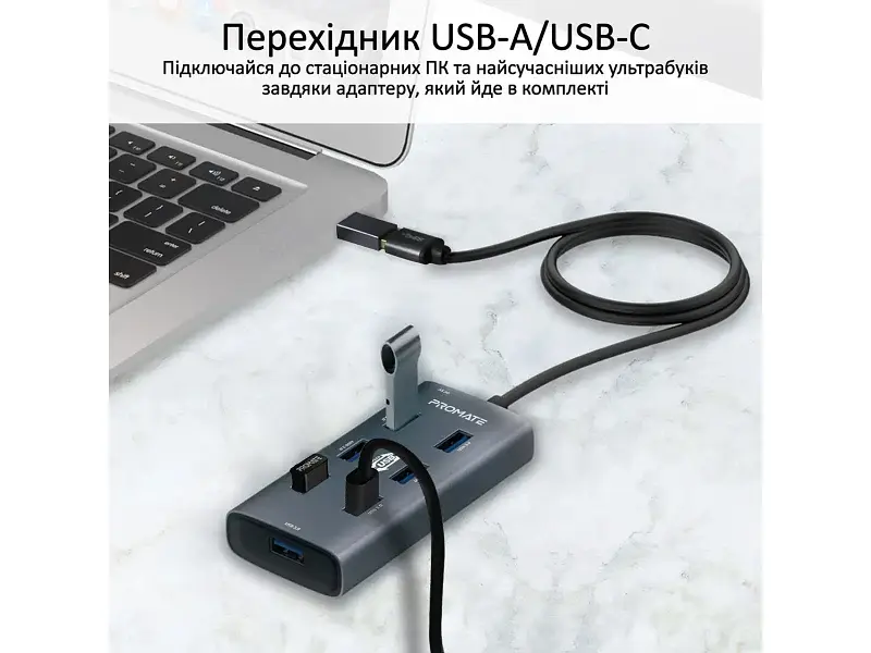 Мультипортовий адаптер Promate USB hub EZHub-7 grey (ezhub-7.grey) - фото 5