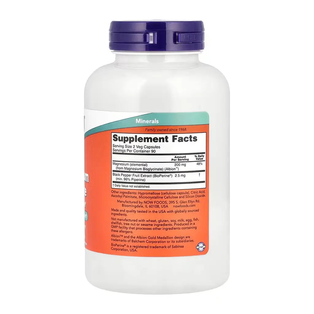 Магній Now Foods (Glycinate with BioPerine®) - 180 веганських капсул, для м’язів і нервової системи - фото 2
