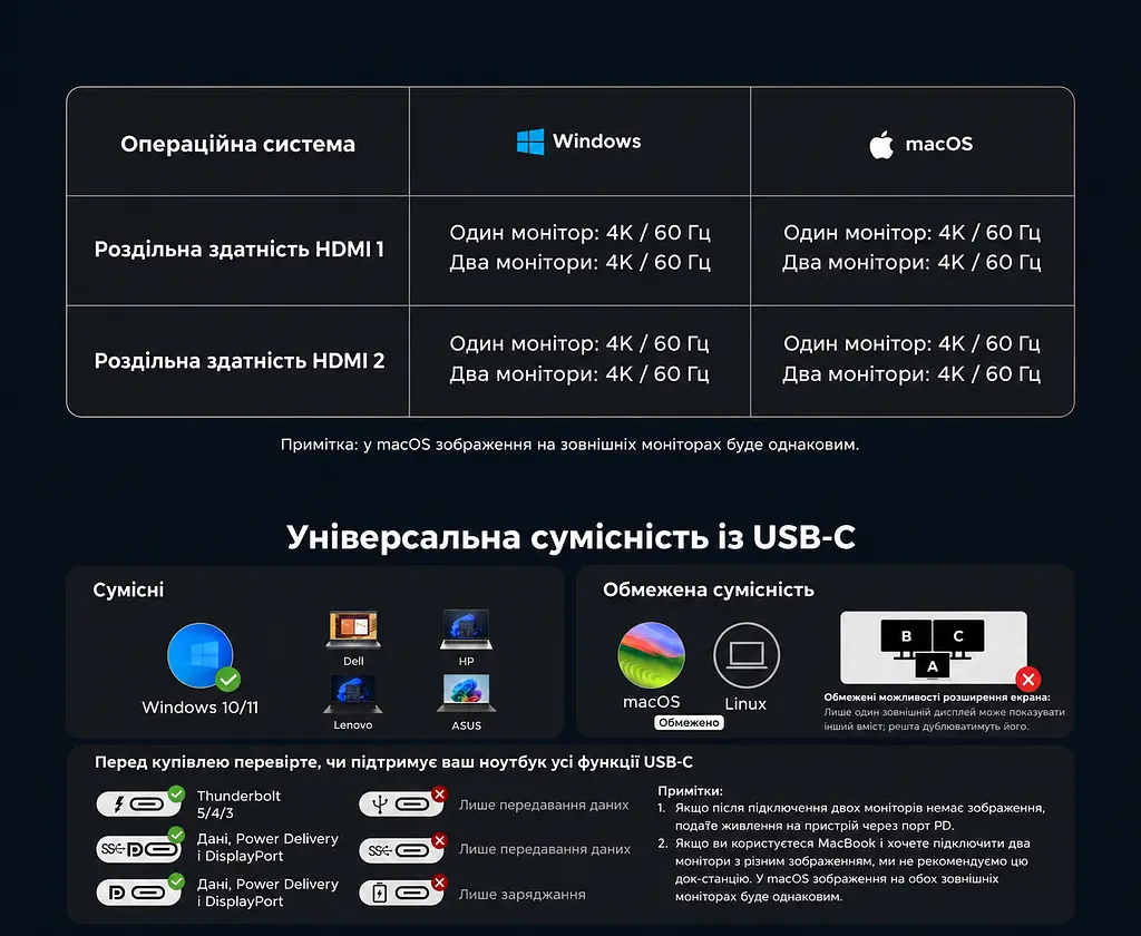 Док-станція USB-C UGREEN Revodok Pro CM498A 9-в-1 2 HDMI до 4K 60 Гц на двох моніторах потрібен USB-C з DisplayPort і достатньою пропускною здатністю Windows різні зображення macOS лише однакові 2 USB-C та 1 USB-A до 5 Гбіт/с і 1 USB-A до 480 Мбіт/с вхід USB-C PD 3.0 до 100 Вт наскрізне заряджання ноутбука до 85 Вт потрібні окремі блок живлення й кабель до входу PD SD/microSD до 170 МБ/с вбудований кабель близько 40 см сіро-чорна (85774) - фото 5