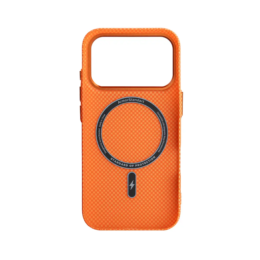 Карбоновый чехол для Apple iPhone 17 Pro, LikeCarbon2 MagCase, оранжевый, тонкий защитный чехол-панель из поликарбоната с магнитами N52, MagSafe, противоударный, совместим с беспроводной зарядкой, приподнятые края для защиты камеры - фото 2