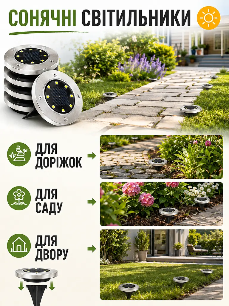 Садові світильники на сонячній батареї 4 шт з кілочком 8 LED (49676023) - фото 4