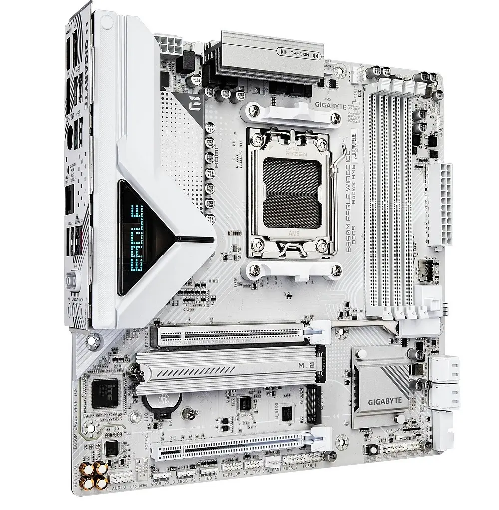 Материнская плата AM5 Gigabyte B850M EAGLE WIFI6E ICE, B850, 4xDDR5, Int.Video (CPU), 4xSATA3, 2xM.2, 1xPCI-E 5.0 x16, 1xPCI-E 3.0 x16, Realtek 7.1, Realtek 2.5GbE, WiFi 6E, Bluetooth 5.3, 7xUSB 3.2 / 8xUSB 2.0, HDMI/2xDP, MicroATX - фото 3