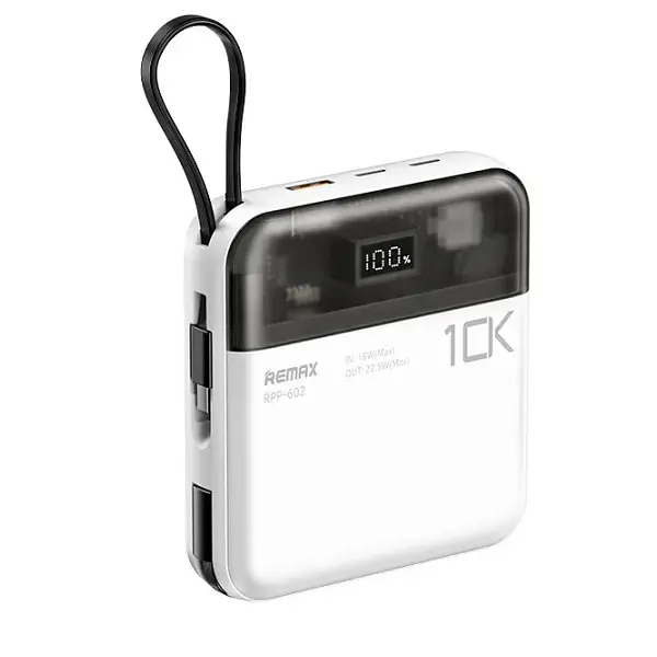 Павербанк Remax RPP-602 10000 мАч до 22.5 Вт USB-A USB-C Lightning PD QC С кабелем Білий (1994)