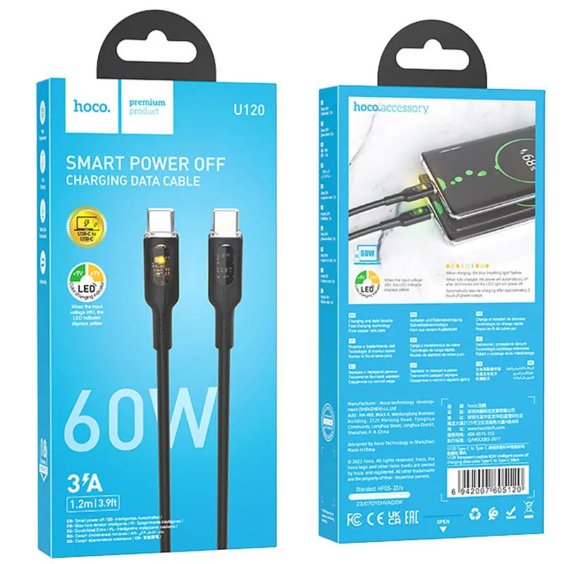 Дата кабель Hoco U120 Transparent explore intelligent power-off PD 60W Type-C to Type-C (1.2m) Black - фото 6