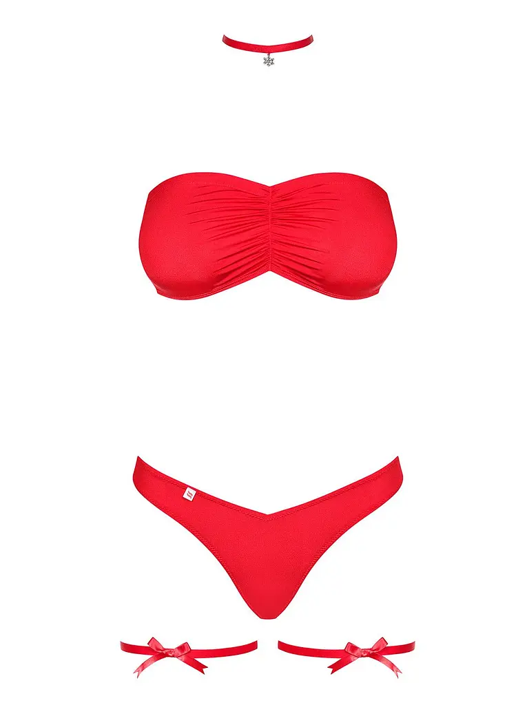 Комплект Obsessive Kissmas Set, S/M, червоний, м’який ліф, трусики зі збіркою, чокер та гартери - фото 3