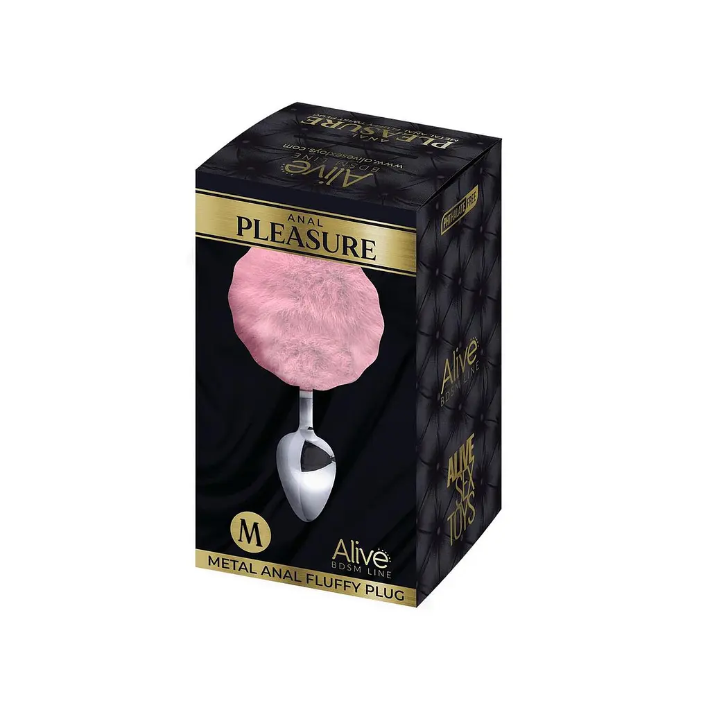 Металева анальна пробка Кролячий хвостик Alive Fluffy Plug M Pink, діаметр 3,4 см - фото 2