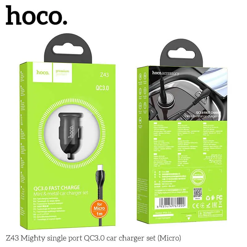 Адаптер автомобільний Hoco Micro USB Cable Mighty single port Car charger Z43 |1USB, 3A, QC, 18W| - фото 3