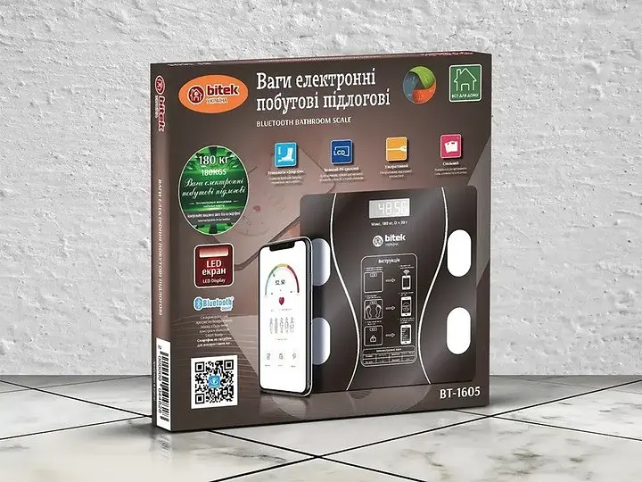 Підлогова електронна вага Bitek BT-1605 з квадратною скляною платформою та LED дисплеєм 180 кг Чорний - фото 3