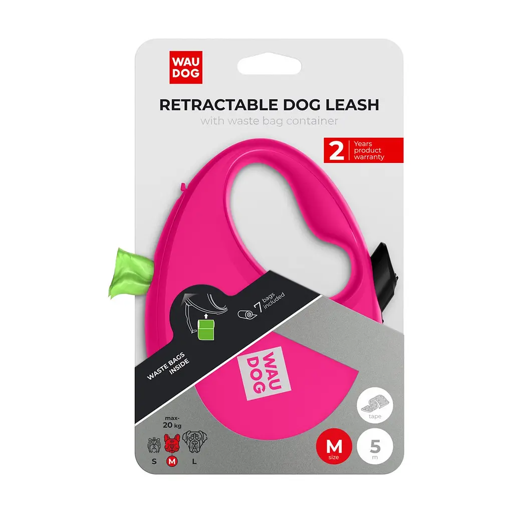 Повідець для собак WAUDOG R-leash з контейнером для пакетів M до 20 кг 5 м рожевий (26287) - фото 5