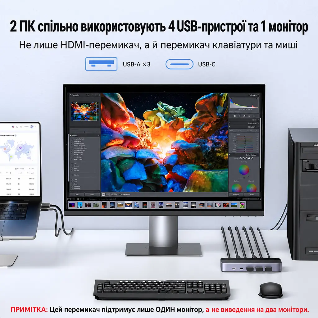 HDMI KVM-перемикач UGREEN CM664 для 2 ПК зі спільним монітором і USB-периферією 4K 60 Гц (15707) - фото 4