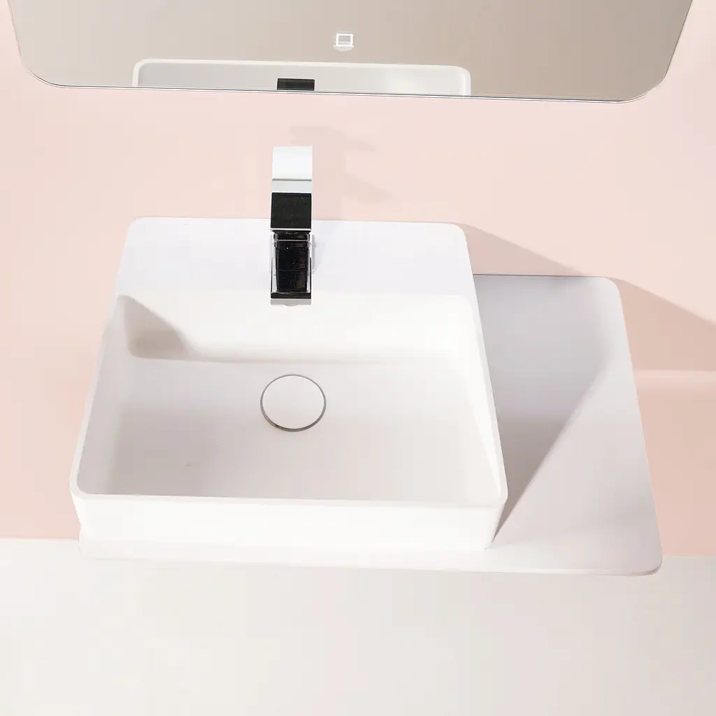 Раковина підвісний Volle Solid Surface з поличкою з каменю 58x37x12,5 см білий/soft touch 13-40-415, Білий - фото 4