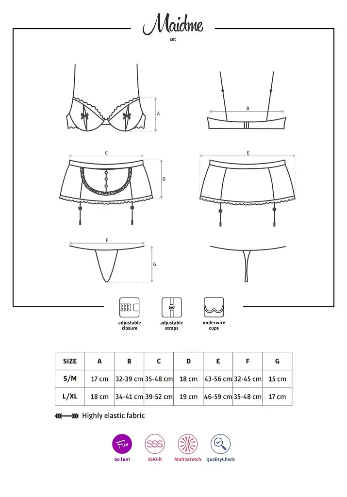 Еротичний костюм покоївки Obsessive Maidme set 5pcs S/M, бюстгальтер, пояс з фартухом, панчохи - фото 7