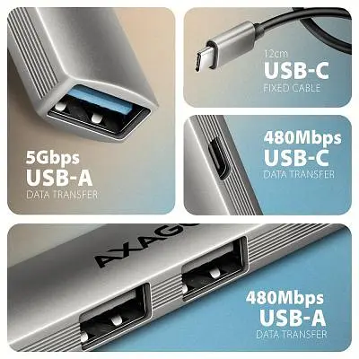 Концентратор Axagon USB-C to 1xUSB-A 5Gbps + 2xUSB-A 480Mbps + 1xUSB-C 480Mbps 0.12m aluminum (HUE-STC) - фото 4