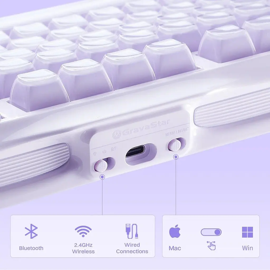 Клавіатура GravaStar Mercury K1 80keys Kailh Cheery Pink EN/UKR BT/WL/USB Lavender Purple (GSK1_PL) - фото 6