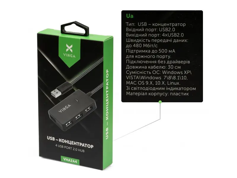 Мультипортовий адаптер Vinga USB2.0 to 4xUSB2.0 Hub (VHA2A4) - фото 4