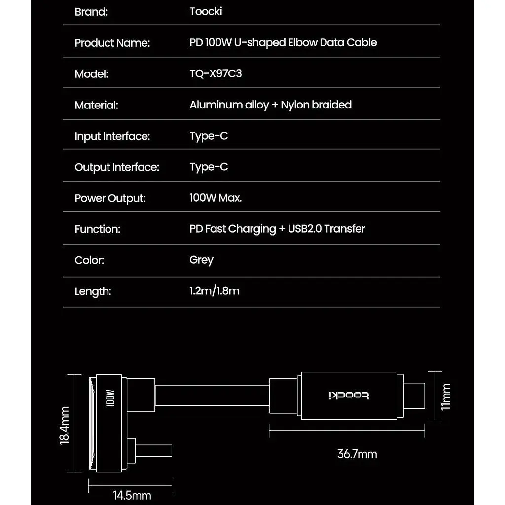 Кабель Toocki ігровий U-подібний 180 USB Type-C to Type-C 100W кутовий з швидкою зарядкою 20V - фото 7