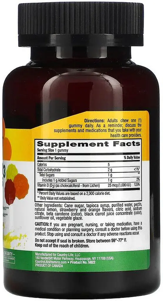 Вітамін D3 Country Life Vitamin D3 1000 IU, 60 желейок для підтримки кісток та зубів - фото 2