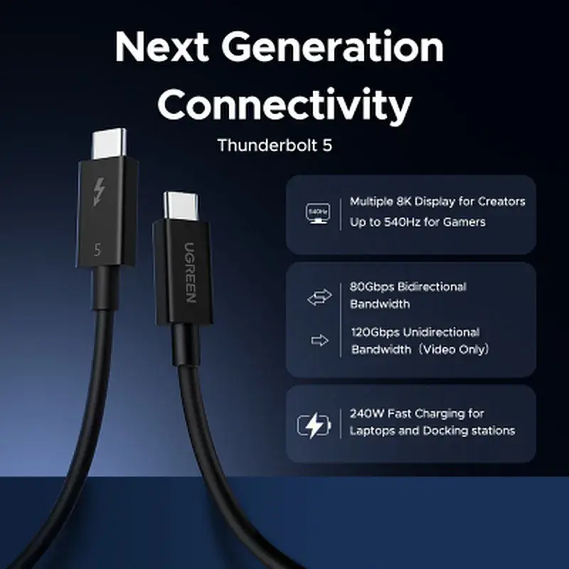 Кабель для передачи данных Ugreen L703 USB-C to USB-C Thunderbolt 5 240W 5A 120Gbps 16/8/4K 1.0 m black (45996) - фото 3
