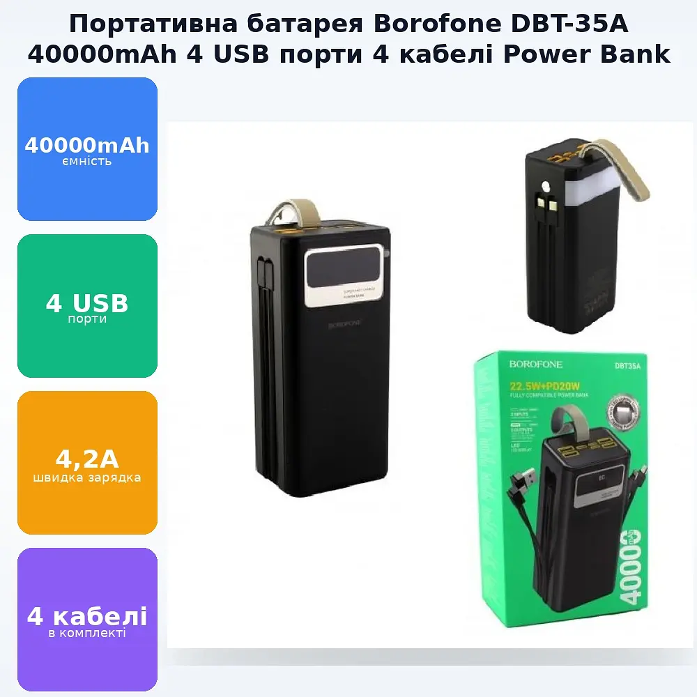 Мобільна зарядка 4 USB порту 4 кабелі BOROFONE DBT 35A - фото 2