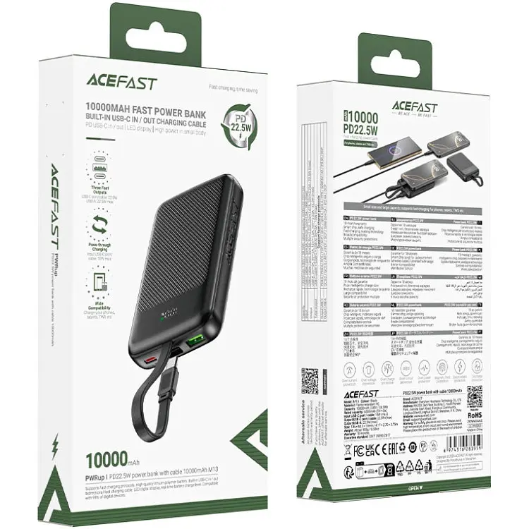 Універсальна мобільна батарея Acefast 10000mAh 22.5W PD,QC3.0 2xUSB-C,USB-A, with build Type-C cable, M13 Чорний - фото 5