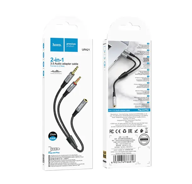 Кабель Hoco UPA21 2 в 1 3.5 headset audio adapter cable female to 2 male Темно-сірий - фото 2