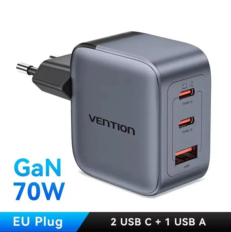 Зарядное устройство Vention 70W GaN FEX 1U+2C черный евровилка - фото 2