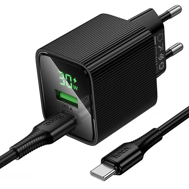 Мережевний зарядний пристрій Hoco CS84A Excellent with digital display PD30W+QC3.0 1USB-A/1C + кабель Type-C to Type-C Black - фото 4