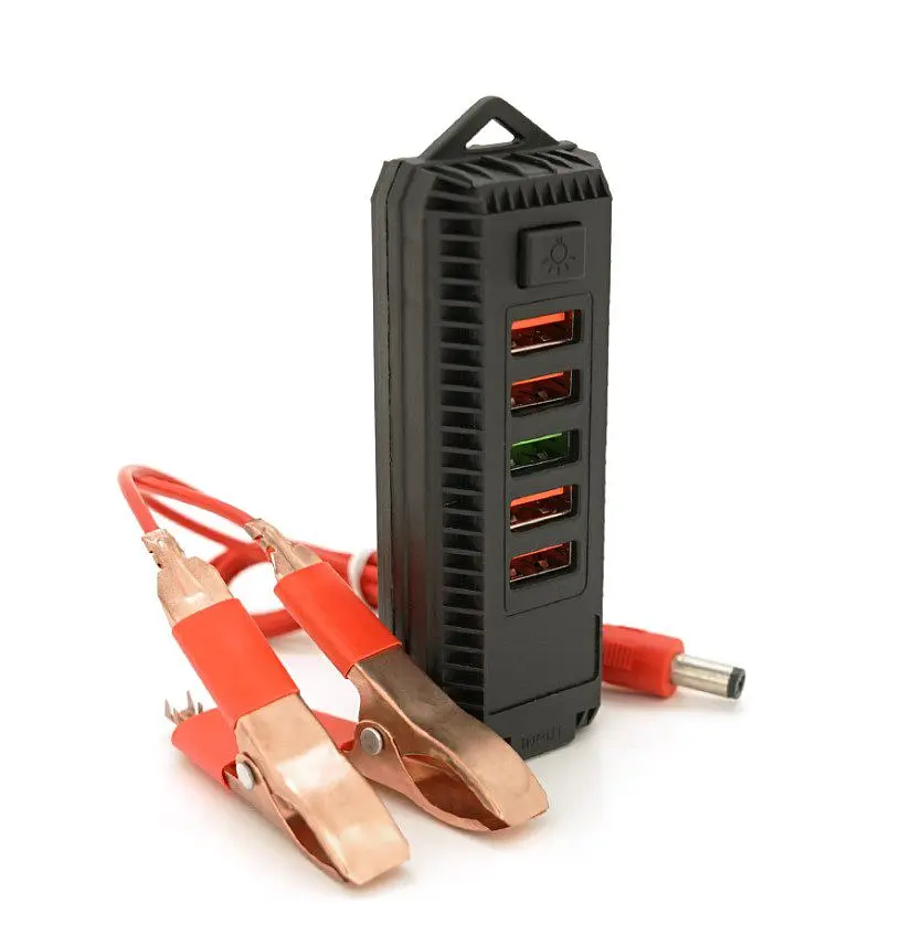 Зарядний пристрій 4 USB 2.0+USB 3.0 Voltronic ZS112, ліхтарик, з крокодилами, живлення 12 В