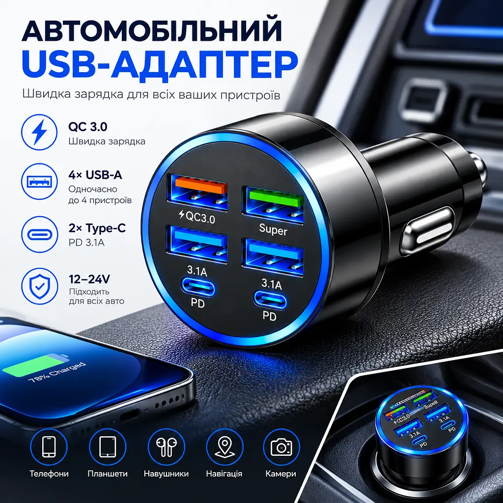 Автомобільний зарядний пристрій 6-в-1 PowerHub 100Вт (4USB + 2PD) - фото 3