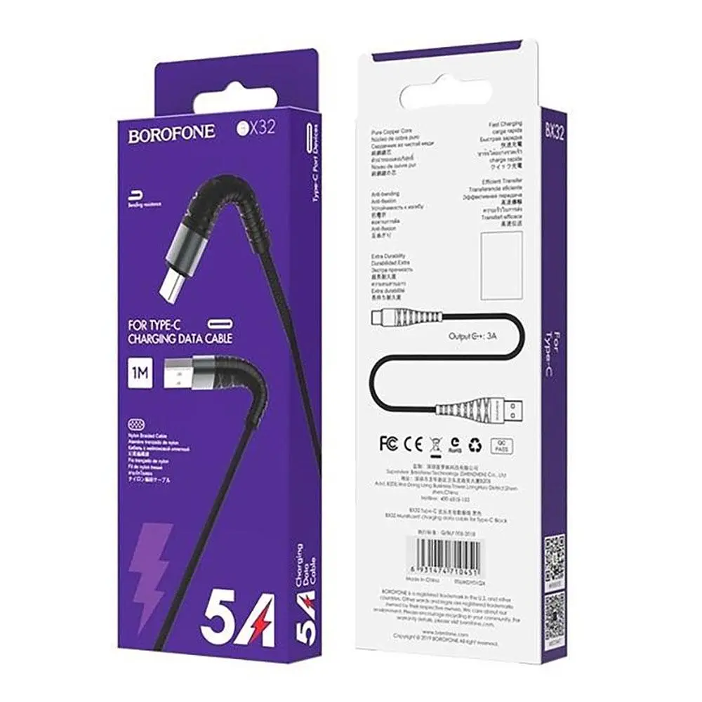 Кабель BOROFONE BX32 USB to Type-C 2.4A, 1m, nylon, aluminum+TPE connectors, чорний - фото 2
