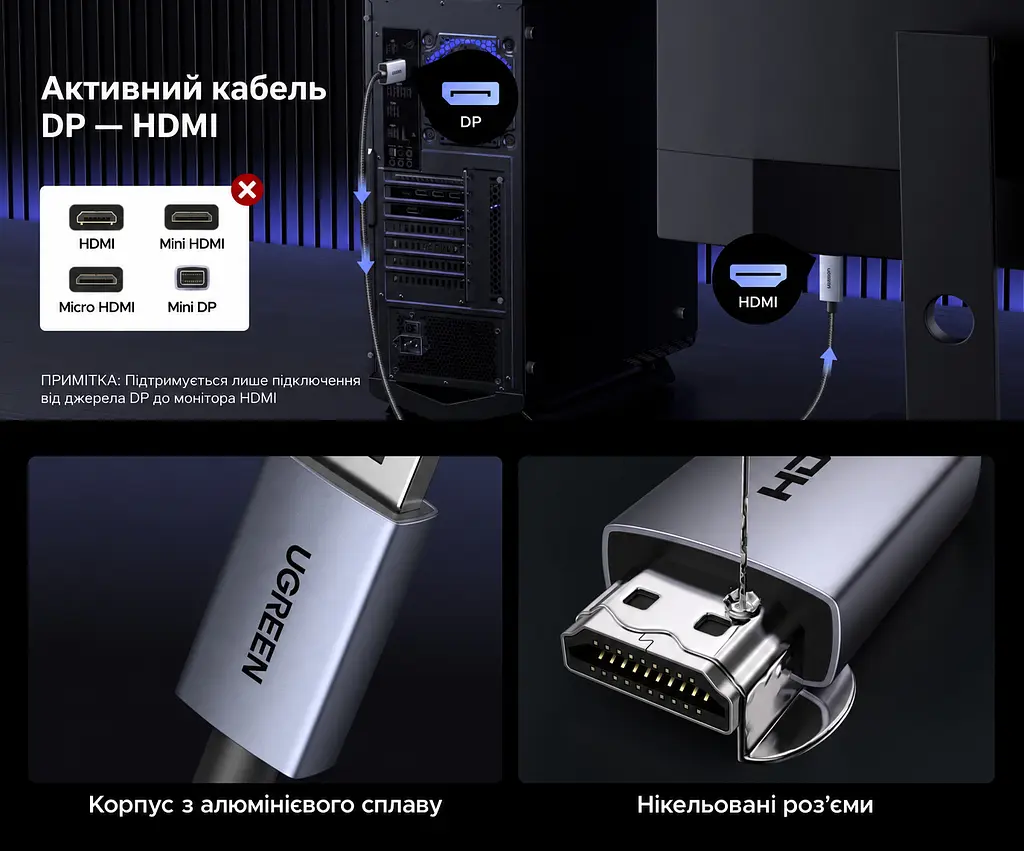 Відеокабель UGREEN DP141 DisplayPort - HDMI 8K 60 Гц 2 м чорний (25735) - фото 2