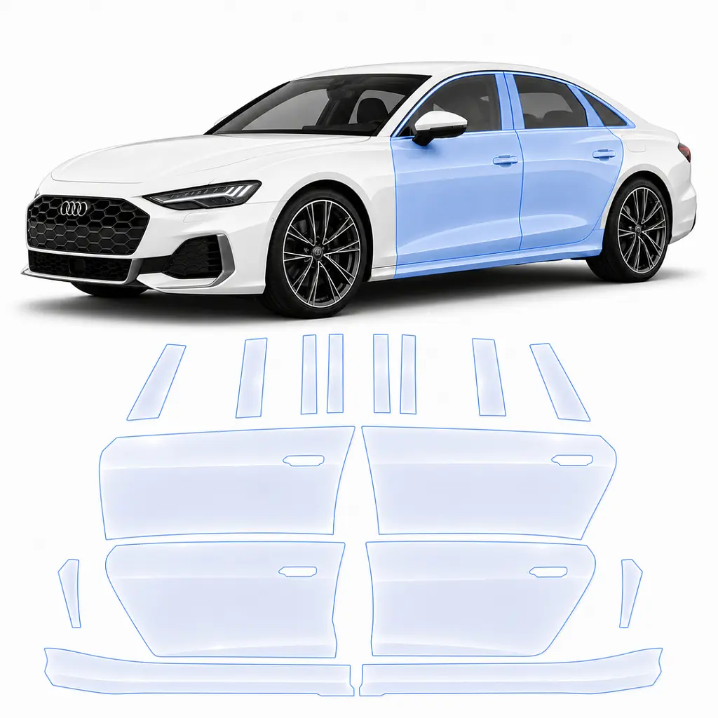 Антигравійна захисна бронеплівка за лекалами для Audi A5 B10 2024- зони дверей і стійки вікон
