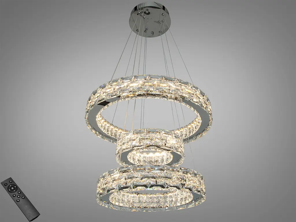 Підвісна LED-люстра Diasha 7896/500+400+300CH з трьома кришталевими кільцями, пультом, 70 W, CH, 53 см, 12-20m2 - фото 2