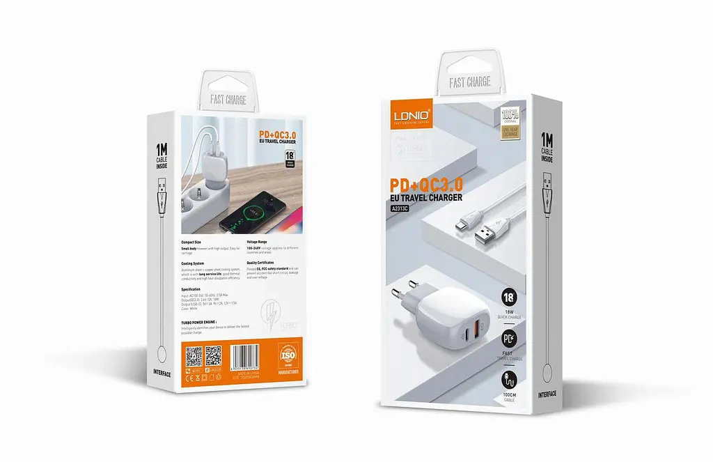 Комплект блока и кабеля LDNIO Type-C to Lightning Cable A2313C 1USB и 1Type-C белый - фото 5