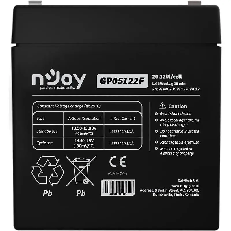 Аккумулятор Njoy GP05122F AGM 12V (12V/5Ah/60Wh) (BTVACEUOATF2FCN01B) [114633] - фото 2