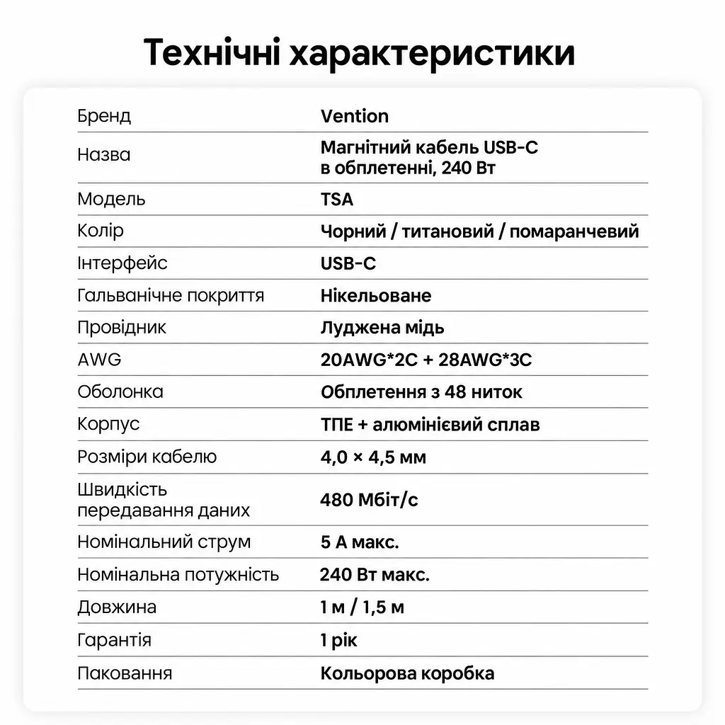 Кабель Vention TSAJF магнітний USB-C - USB-C PD 3.1 240 Вт 1 м титаново-золотий (TSAJF) - фото 8