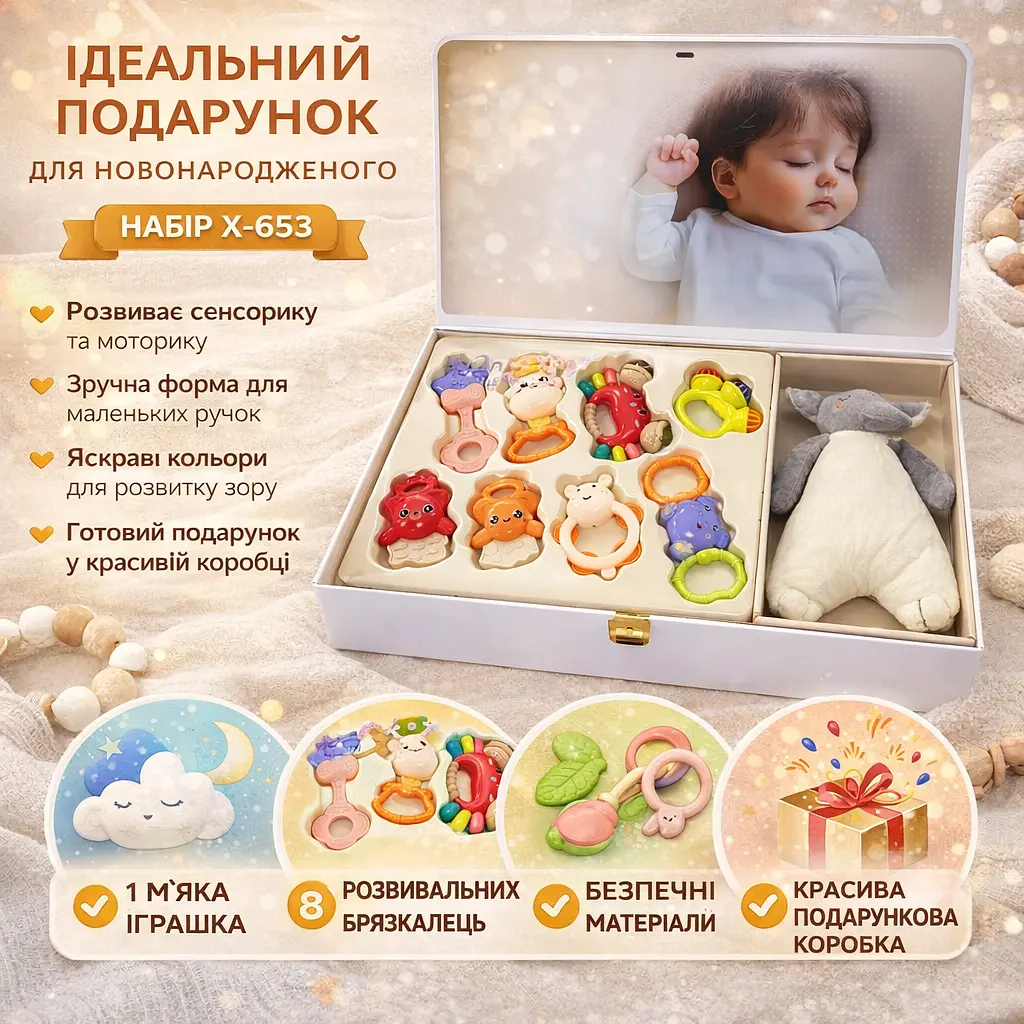 Дитячий набір брязкалець + м'яка іграшка X-653 / Подарунковий набір дитячих брязкалець 8 шт.. - фото 2