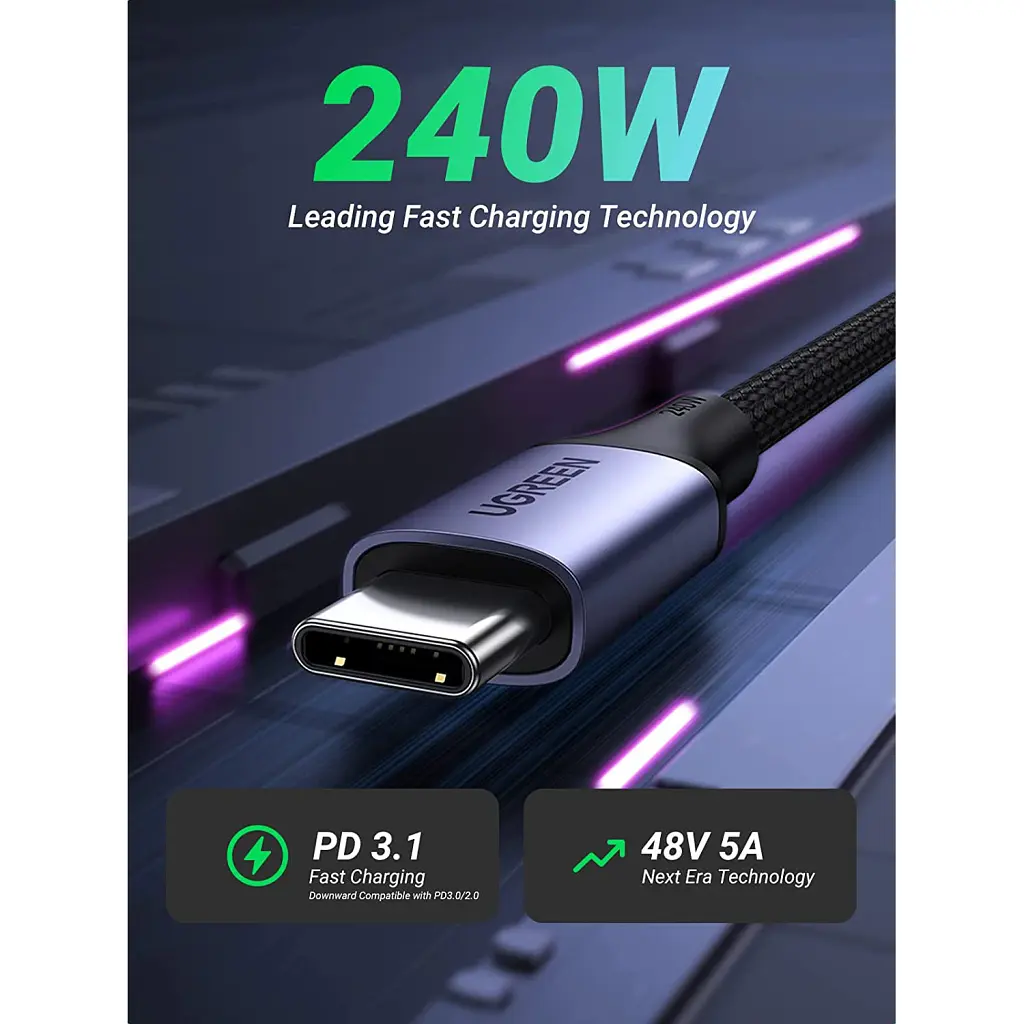 Дата кабель USB-C to USB-C 2.0m 240W space gray Ugreen (90440) - фото 3