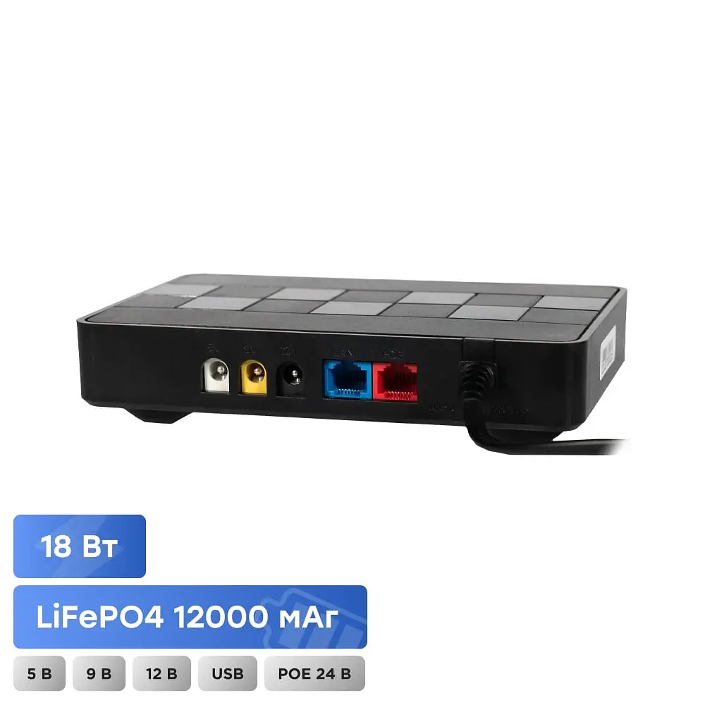 Джерело безперебійного живлення DC UPS Kraft KRF-MUPS-1812 5V/9V/12V/24V/PoE, LiFePO4 2*6Ah, для роутера і медіаконвертера (42-00109)