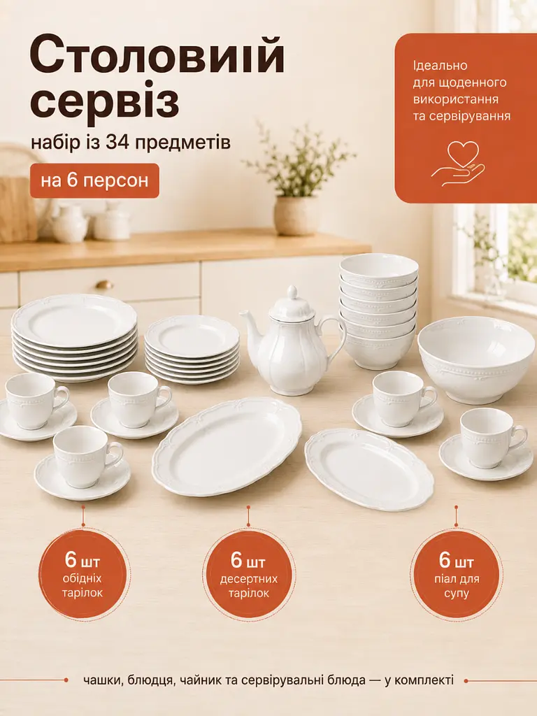 Столовий сервіз порцеляновий 34 предмети на 6 персон з тарілками та чайником Білий (37261989) - фото 2