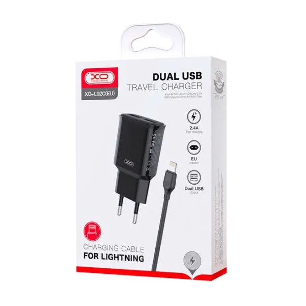 Зарядний пристрій XO L92C (2USB/2.4A) + USB - Lightning Чорний (XO-L92C-L) - фото 2