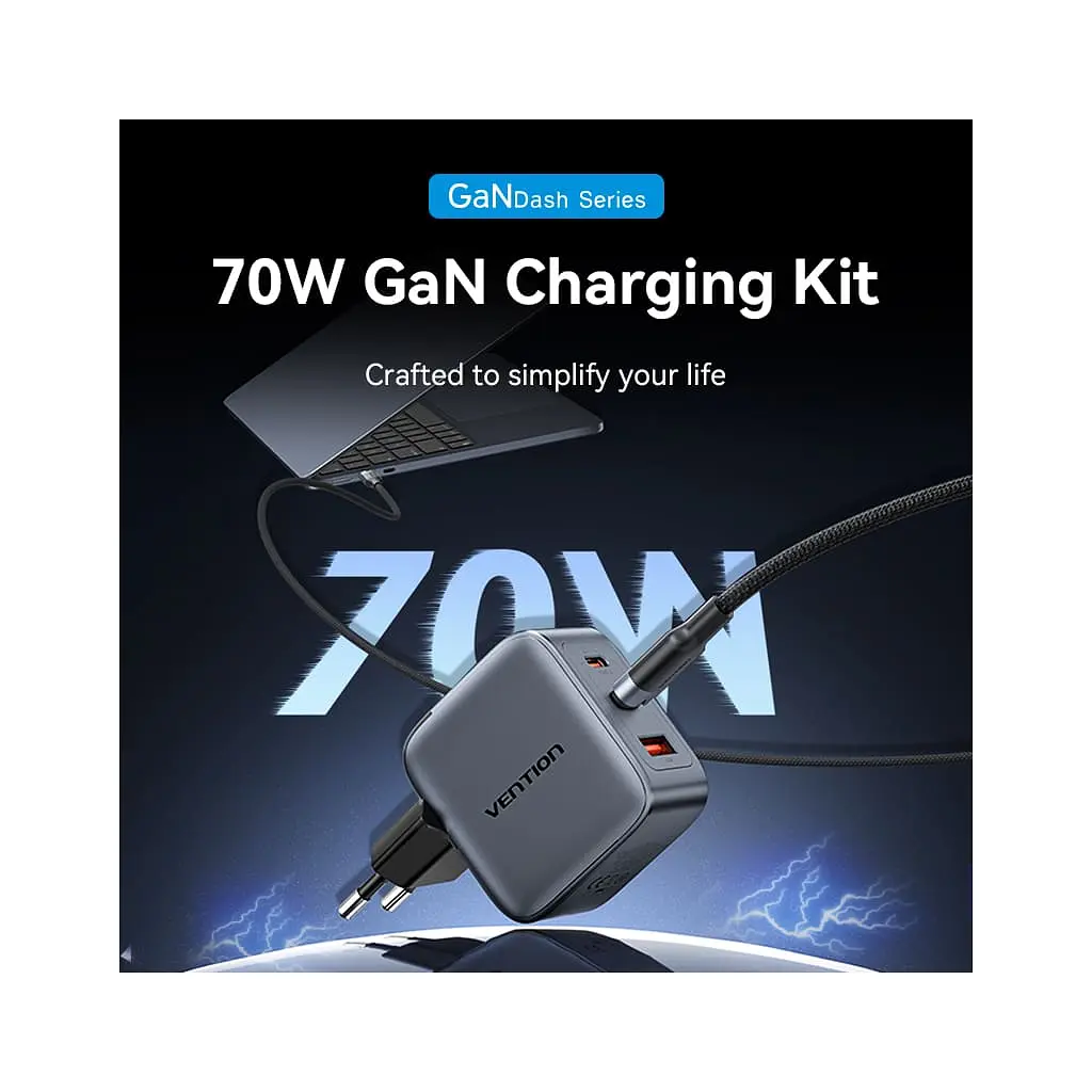 Зарядний пристрій Vention 2xUSB-C PD 70 Вт + 1xUSB QC 3.0 22.5 Вт GaN + кабель USB-C — USB-C 1.0 м чорно-сірий (TZ-FEXH0-EU) - фото 5